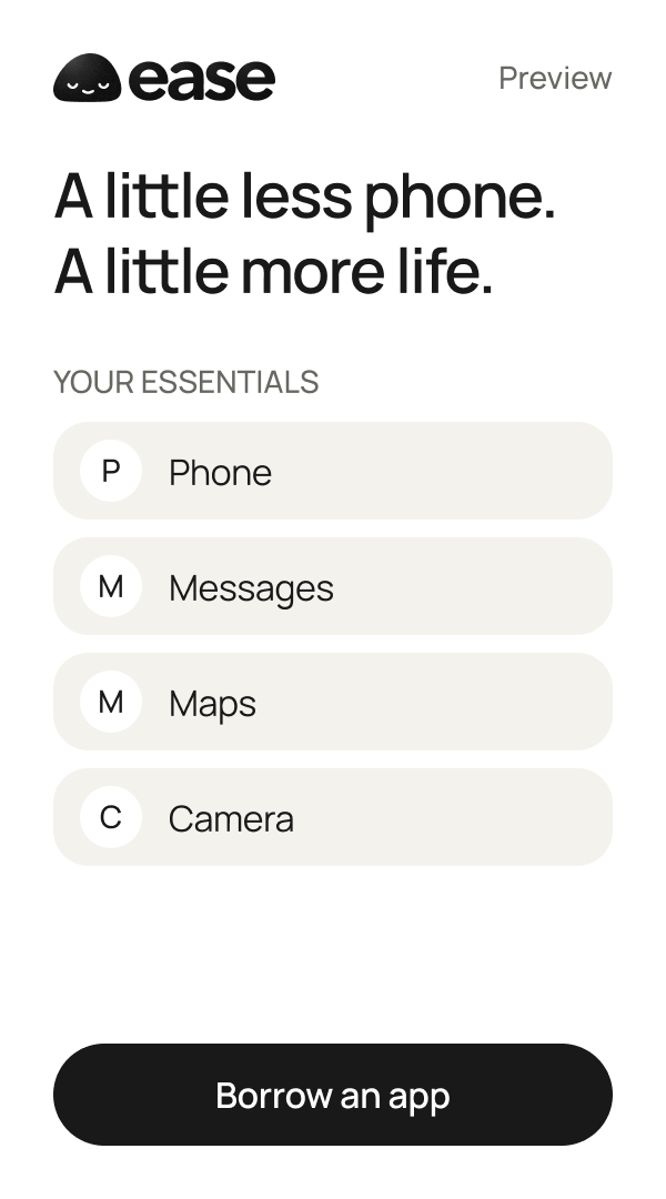 Ease Essentials screen with a simple list of everyday apps